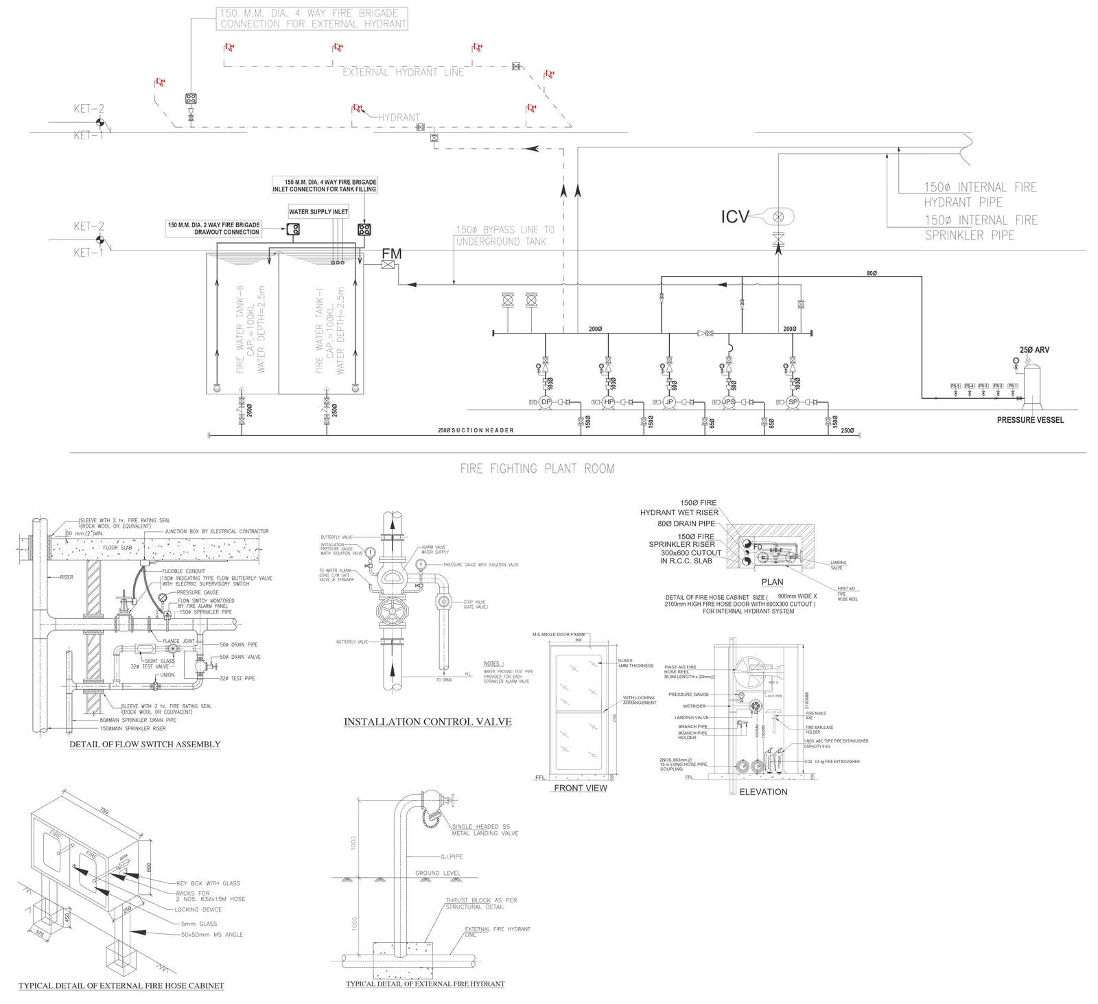 Firefighting plant room with details of flow switch assembly and installation control valve DWG AutoCAD drawing