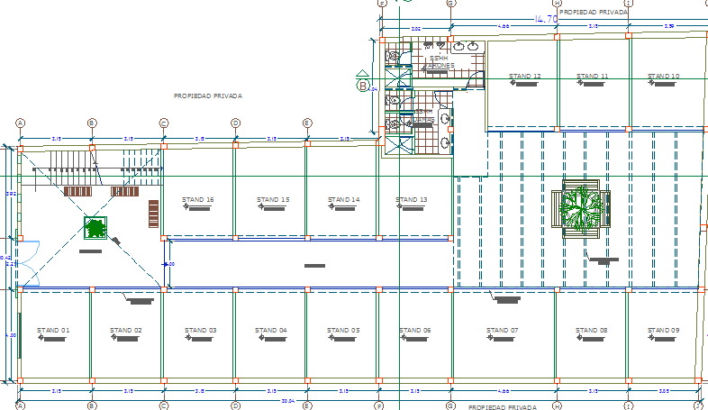First floor layout plan details of two-story shopping center dwg file