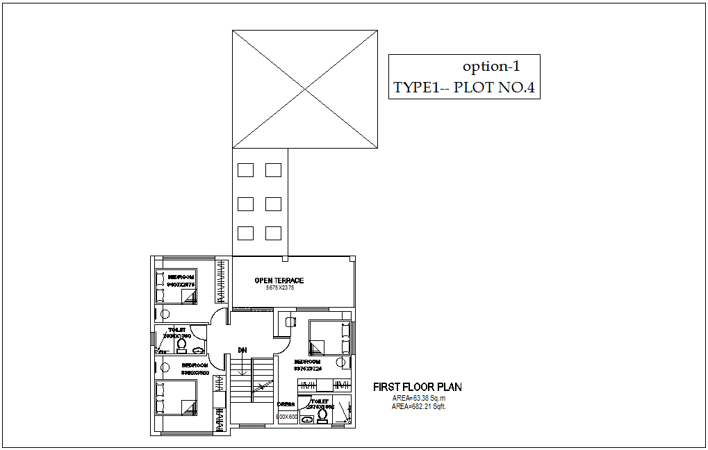 First floor plan of type 1 plot no.4 of bungalows with architecture view dwg file 