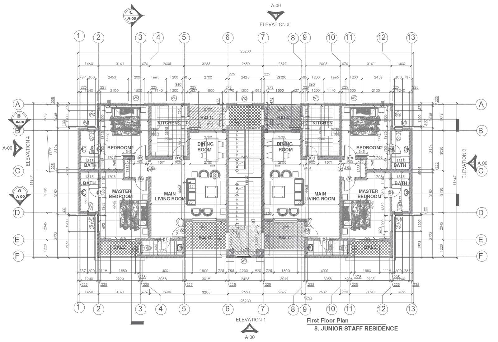 First floor plan junior staff residence with furniture layout dimension and detail dwg autocad drawing .