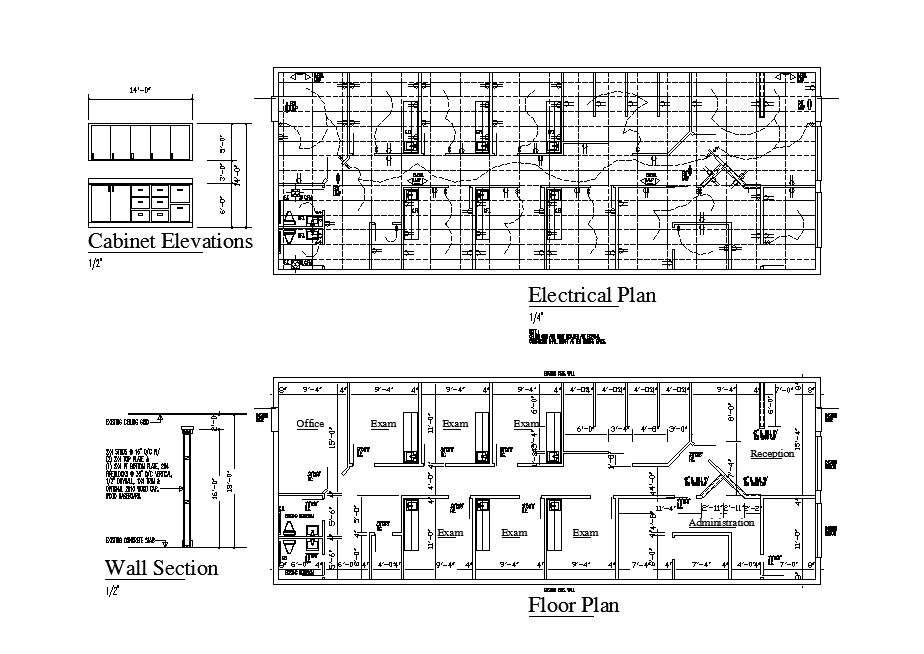 Floor plan, electrical plan, wall section and cabinet elevation details of school dwg file