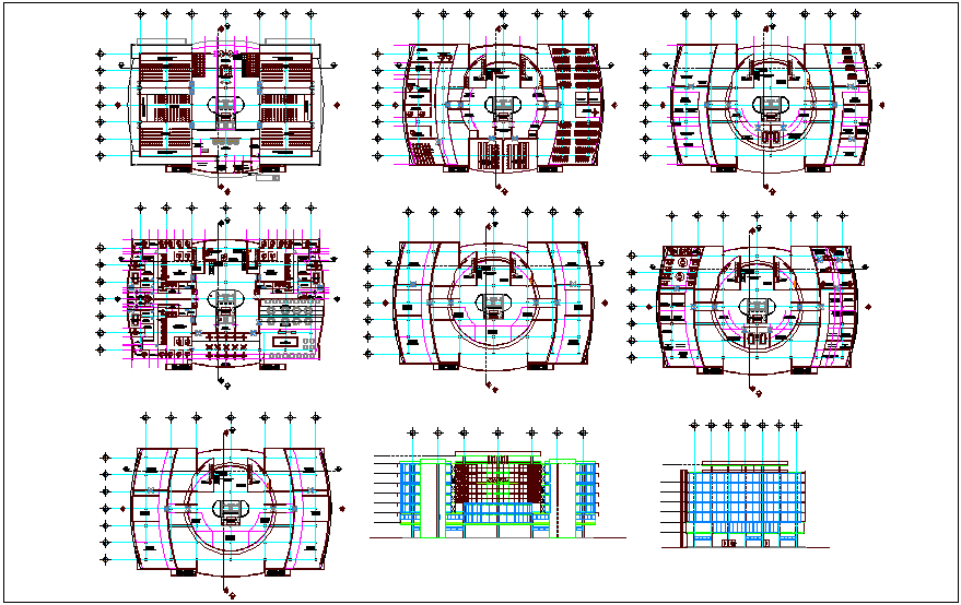 Floor plan and elevation of corporate building dwg file