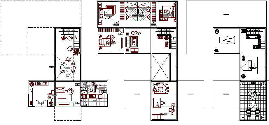 Floor plan details of three level residential house dwg file