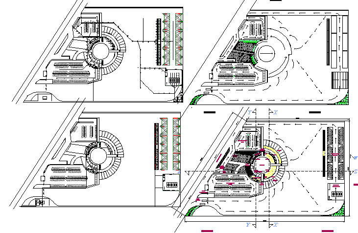 Floor plan layout details of circular trucks top and bus station building dwg file