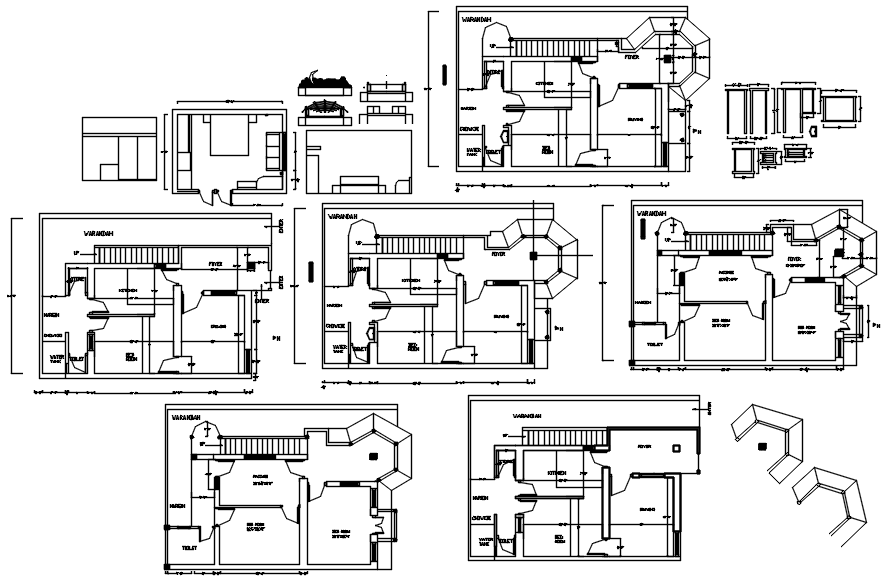 Floor plan of the bungalow with furniture details in dwg file