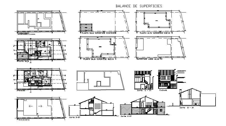 Floor plan of the house with elevation and section in AutoCAD