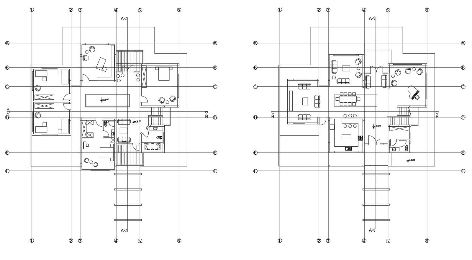 Floor plan of the house with furniture details in dwg file