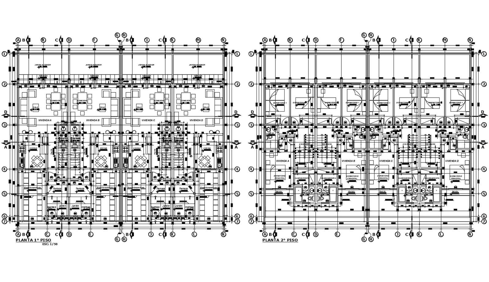 Floor plan of the multifamily house with furniture details in dwg file