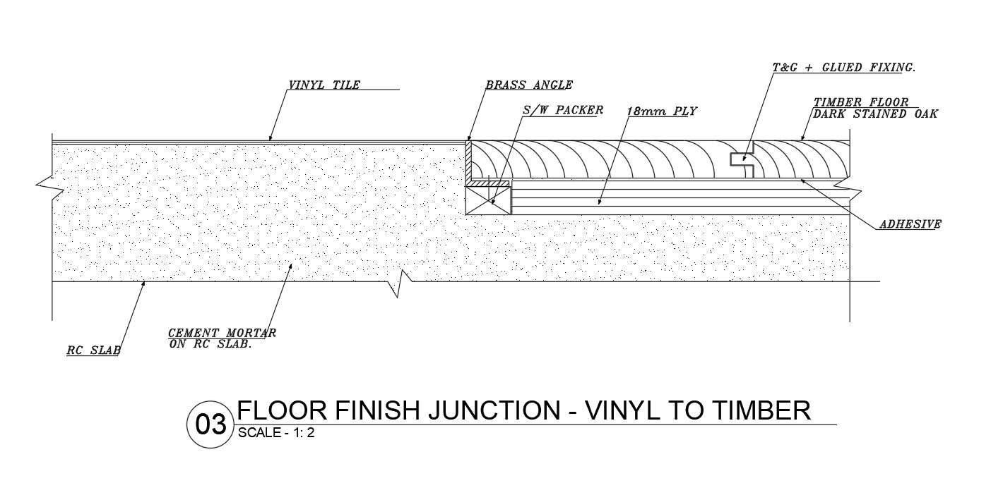 Floor finish junction-vinyl to timber detail in AutoCAD 2D drawing, dwg file, CAD file
