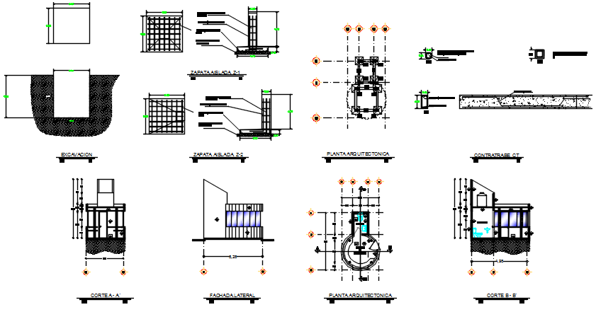 Footing detail, roof detail and table detail, slab detail dwg file