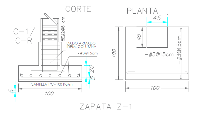 Footing plan and elevation detail dwg file