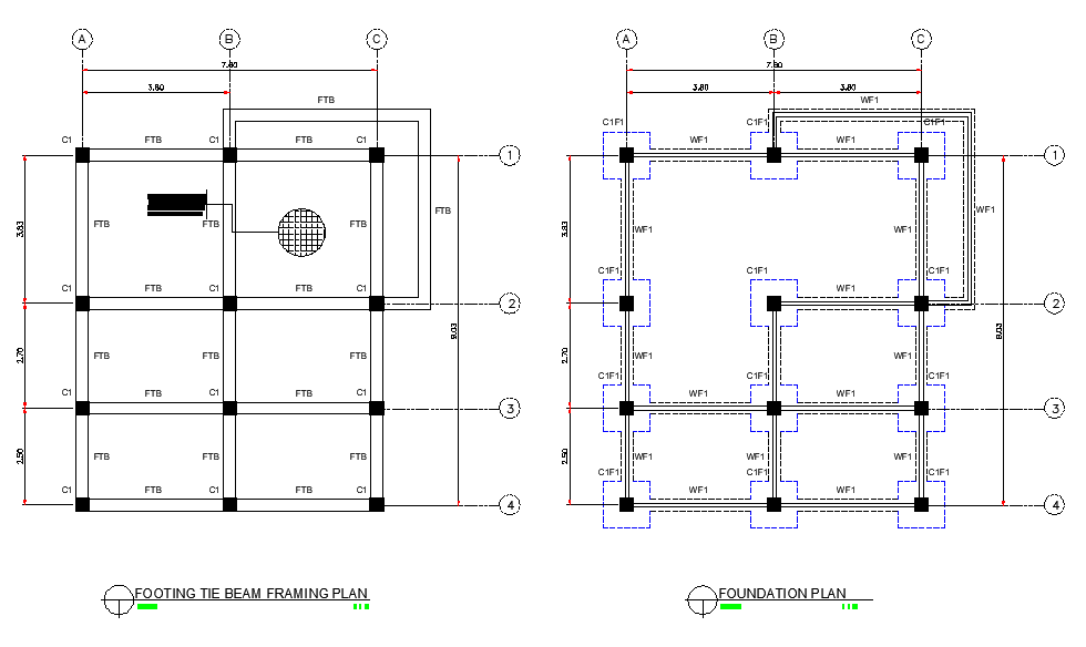 Footing tie beam framing and foundation plan autocad file