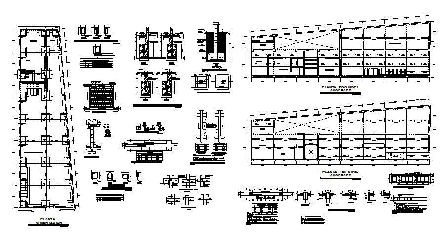 Foundation plan, column construction and structure details of housing building dwg file