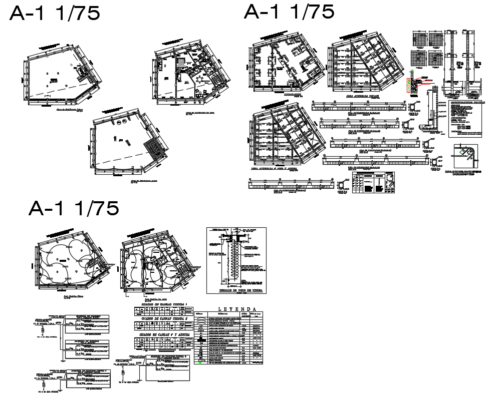 Foundation plan, staircase, beam schedule and construction details of building dwg file