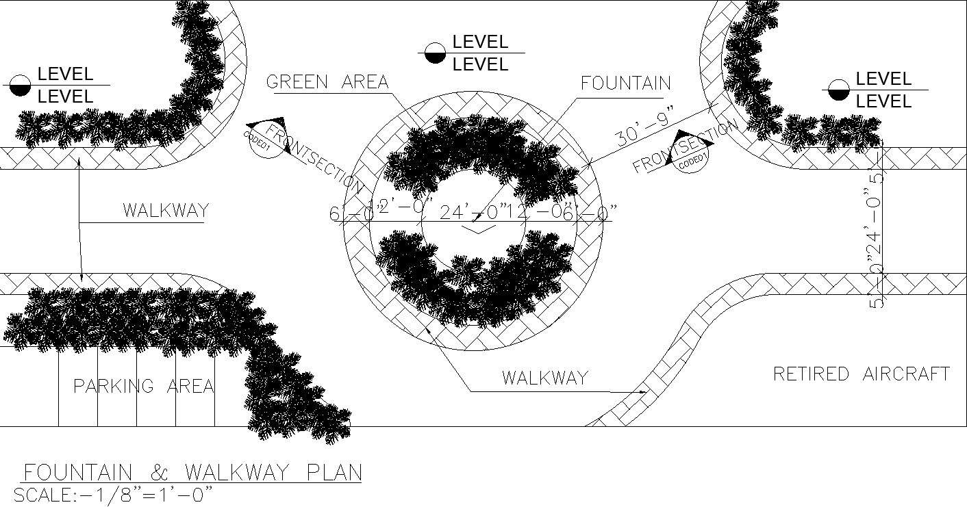 Fountain and walkway with landscaping design details in AutoCAD, dwg file.