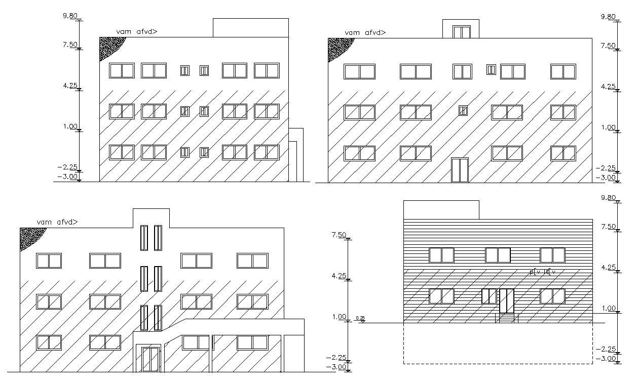 Four Side Modern Architecture Elevations Of Three Story Building