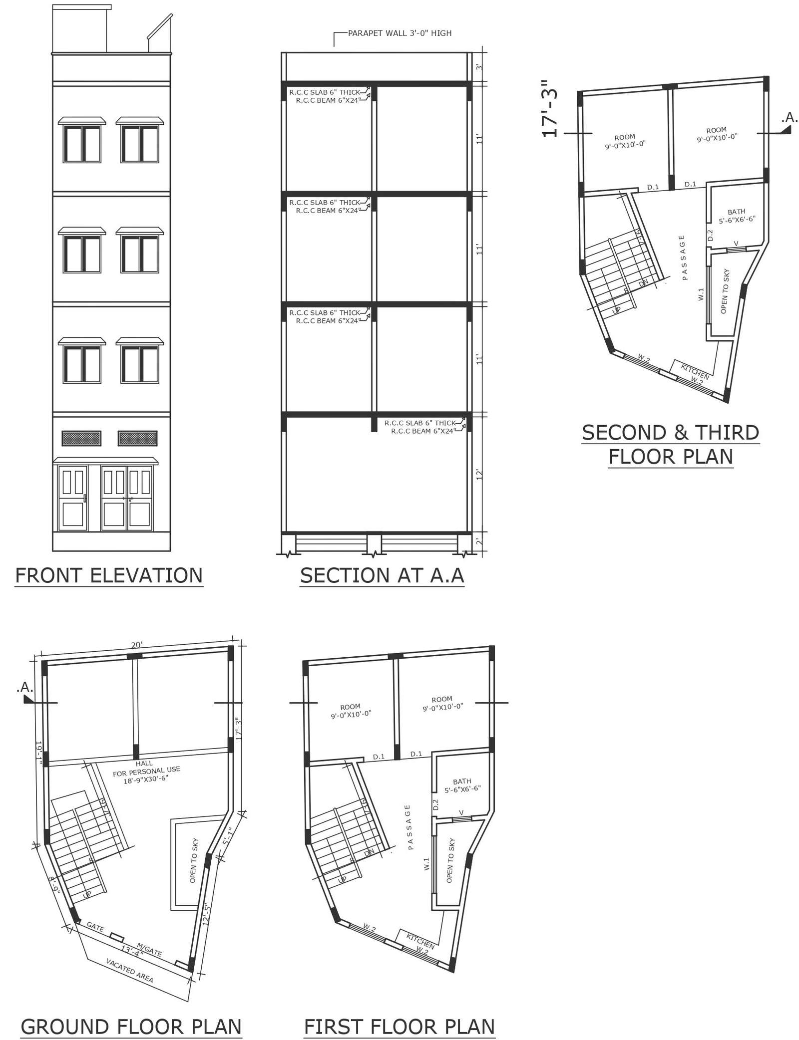 Four storey house on small plot of 20ft X 20ft detailed all floor plan with section and elevation detail DWG autoCAD drawing