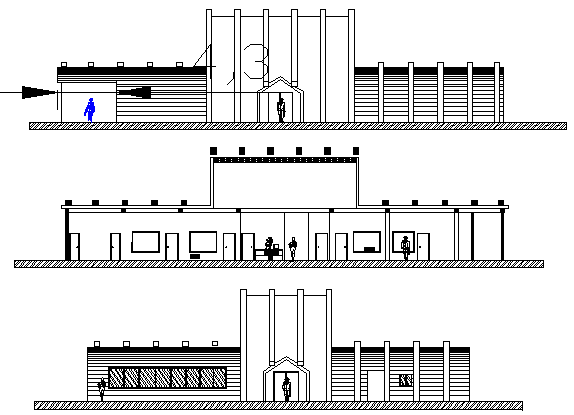Front, back elevation and sectional view of private corporate office details dwg file