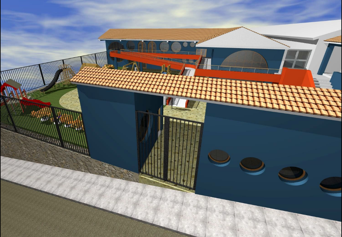 Front 3D View of Children Play School Building DWG File Layout