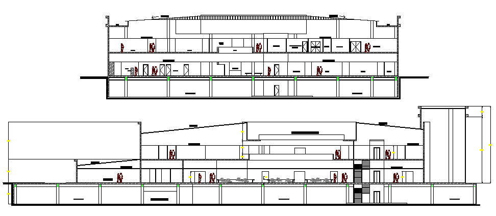 Front and back sectional view of finance office building dwg file