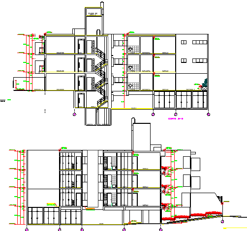 Front and back sectional view of residential apartment building dwg file