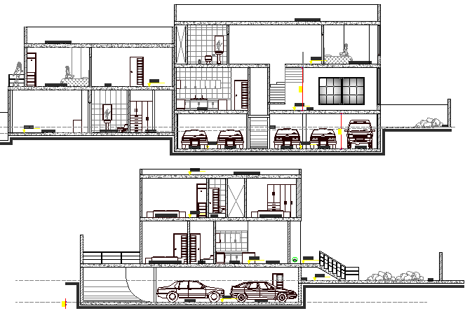 Front and back sectional view of two flooring villa dwg file