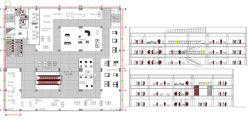 Front and back sectional view with plan details of shopping center dwg file