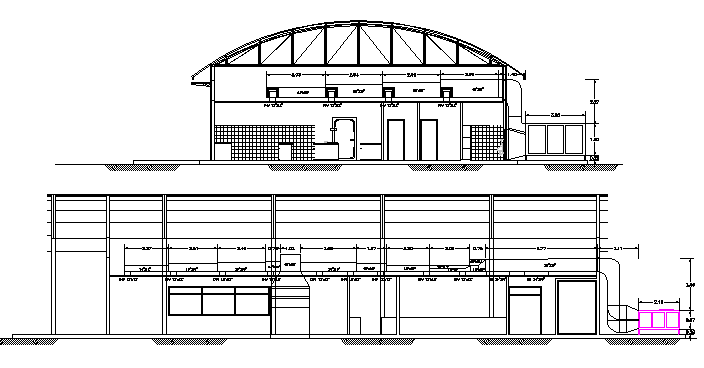 Front and side elevation view of primary school project dwg file