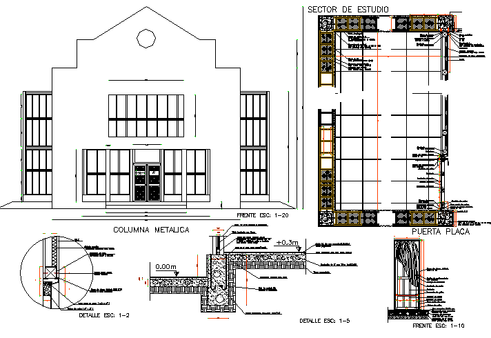 Front elevation and door detail dwg file