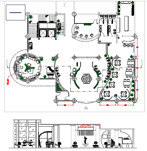 Front section and structural layout plan details of hotel dwg file