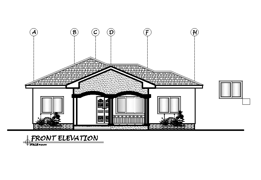 Front elevation of 12x13m ground floor house plan is given in this Autocad drawing file.Download now.