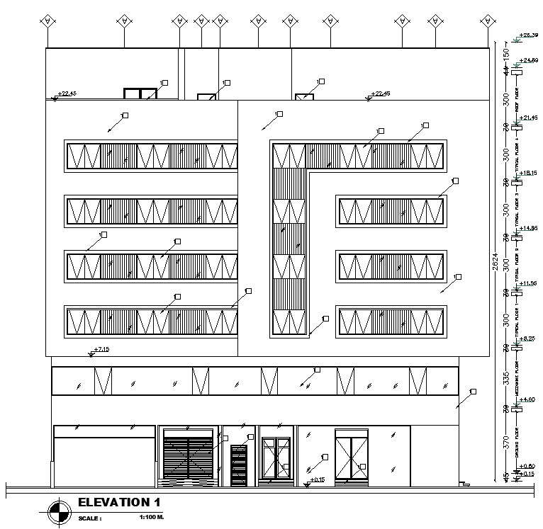 Front elevation of house building in AutoCAD, dwg file.