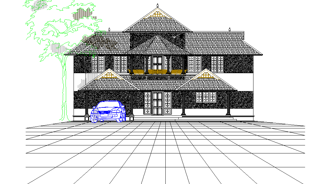 Front elevation of the residential building is given in this Autocad drawing file.  Download now.