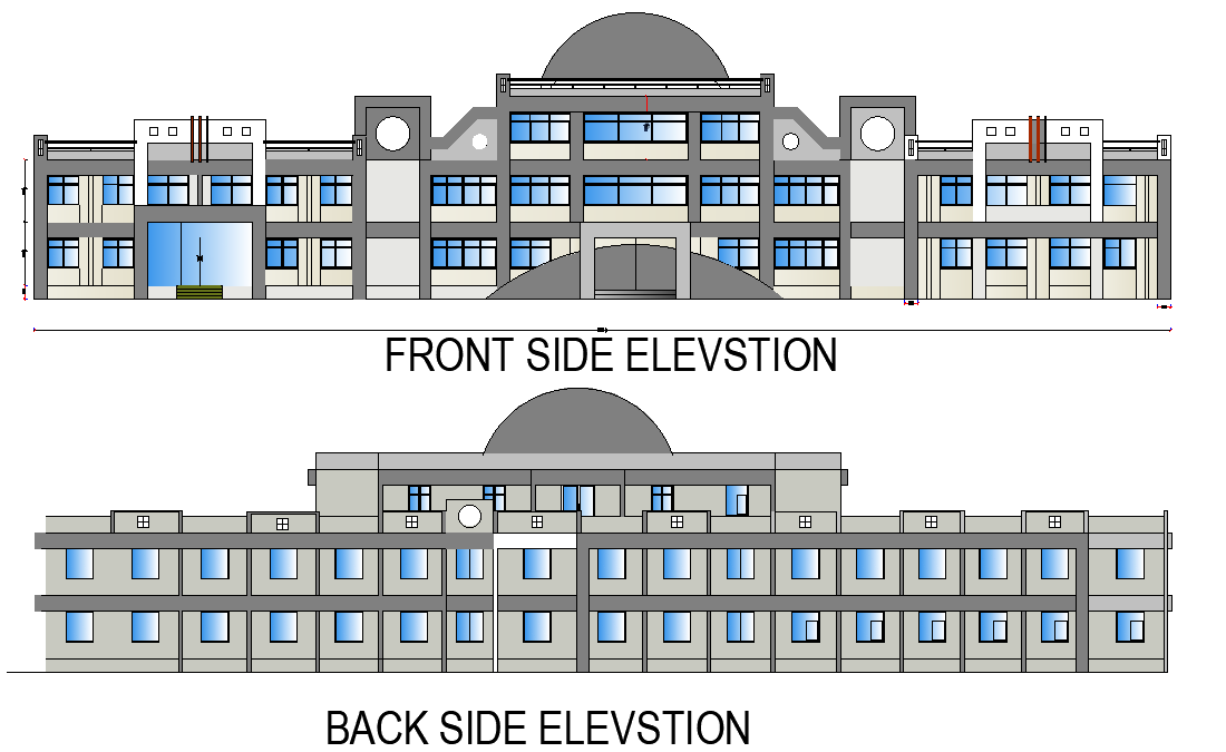 Front elevations with dome of school building details are given in this 2D Autocad DWG drawing file.   Download the 2D Autocad DWG drawing file.
