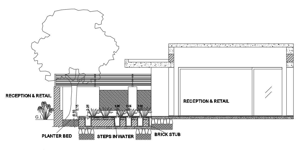 Front section view of 13x32m beauty spa building is given in this Autocad drawing file.Download now.