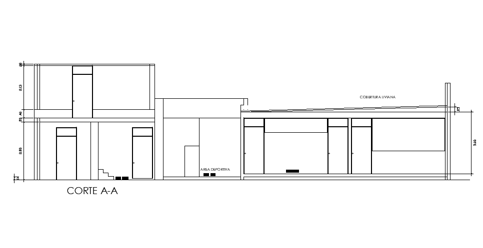 Front side section view of event hall building is given in this Autocad drawing file. Download now.