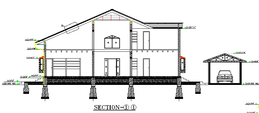 G+1 house front elevation and section details AutoCAD DWG drawing file is provided. 