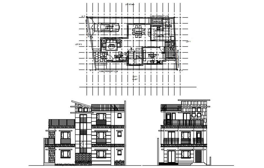 G+2 story house plan with elevation in AutoCAD 2D drawing, dwg file, CAD file