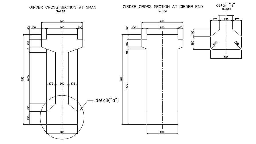 Girder cross section at end  in AutoCAD, dwg file.