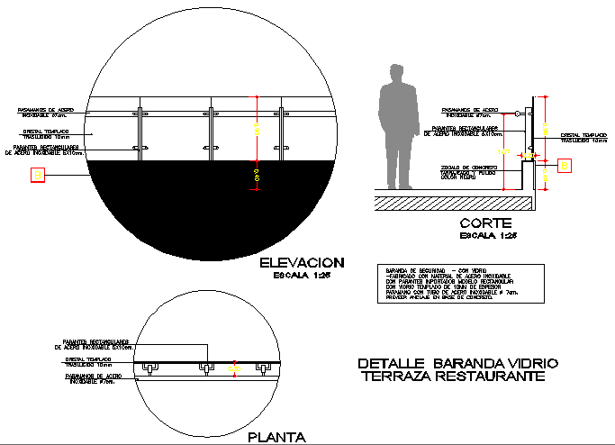 Glass railing of terrace restaurant details dwg file