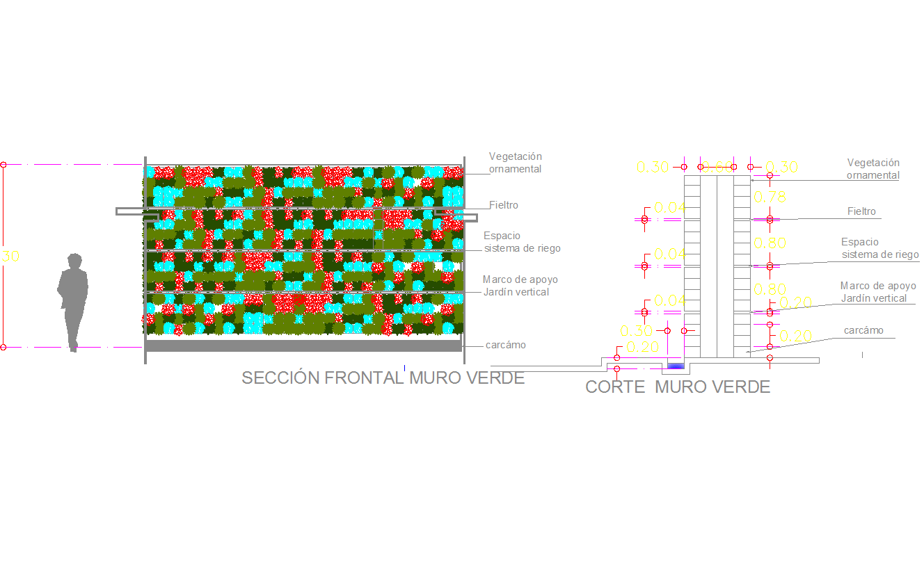 Green wall cad block design and drawing, garden wall cad block
