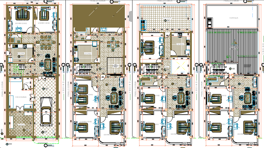 Ground, first, second and top floor plan view of four level housing building dwg file.
