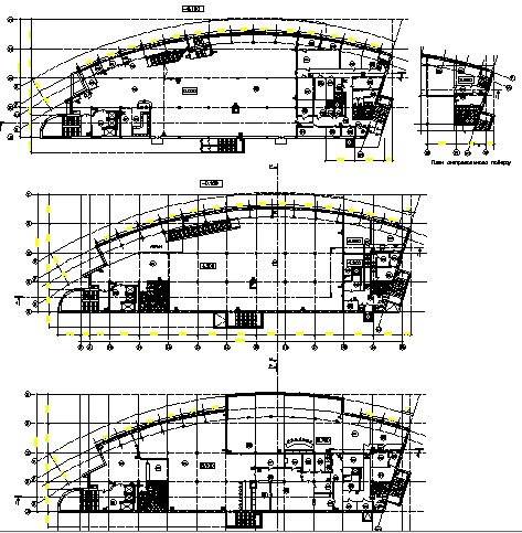 Ground, first and top floor layout plan details of shopping mall dwg file