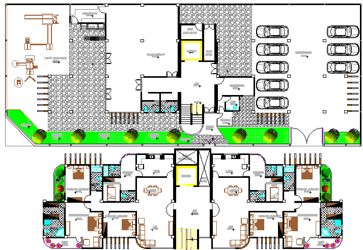 Ground and first floor layout plan details of multi-flooring apartment flats dwg file.