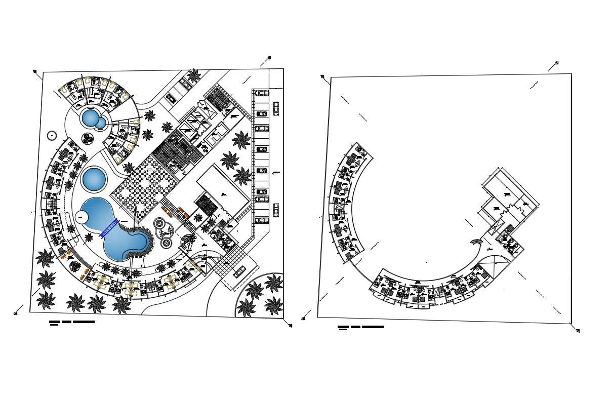 Ground and first floor plan details of luxuries hotel dwg file