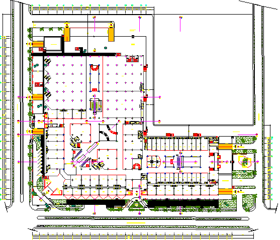 Ground floor layout plan details of mini shopping mall dwg file