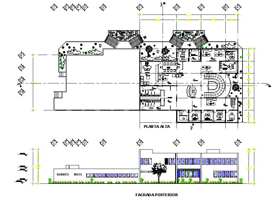 Ground floor plan and elevation administration plan detail dwg file