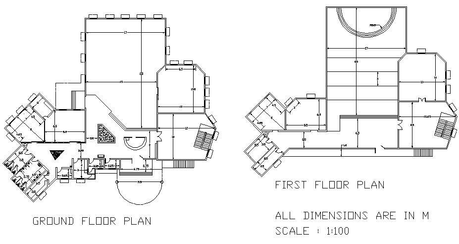 Ground floor plan and first floor library plan detail dwg file