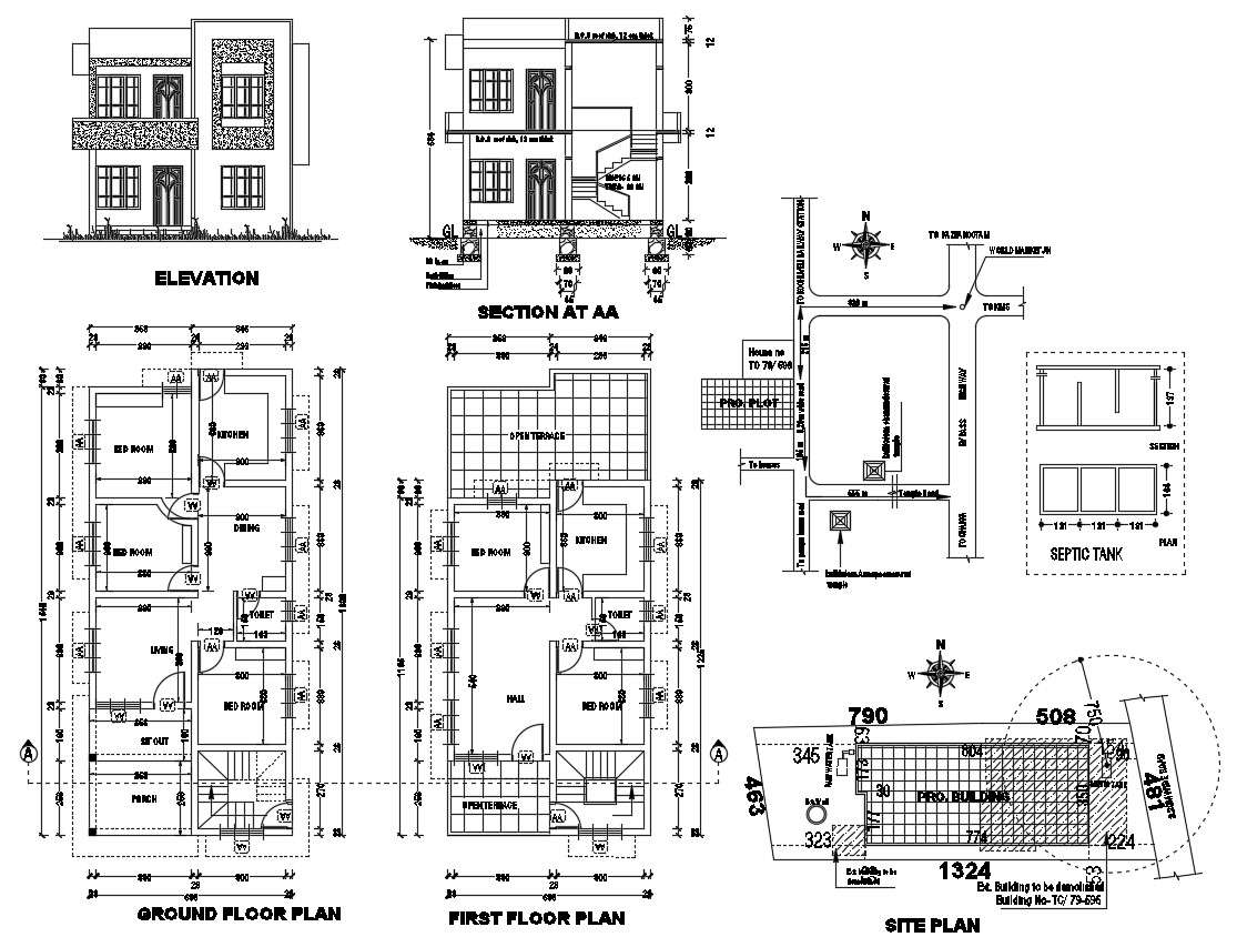 Ground floor plan of house with a site plan in AutoCAD