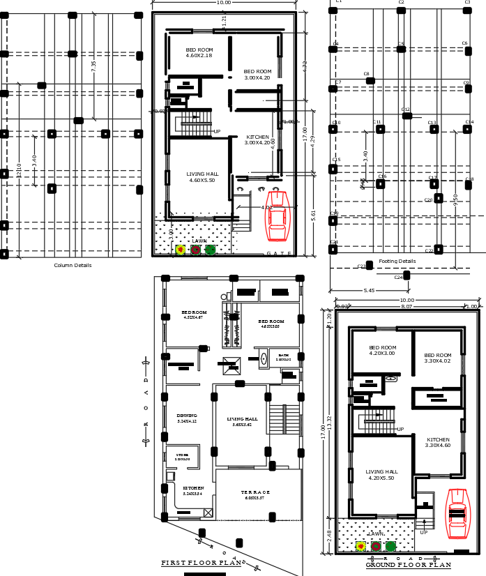 Ground & 1 Floor House Plan DWG Drawing with Column Footing